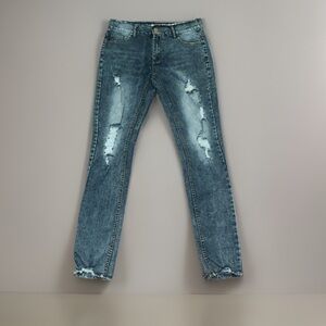 Women’s Fringe Waist W/Distressed & Rips On Front Faded Back Skinny Denim Jeans